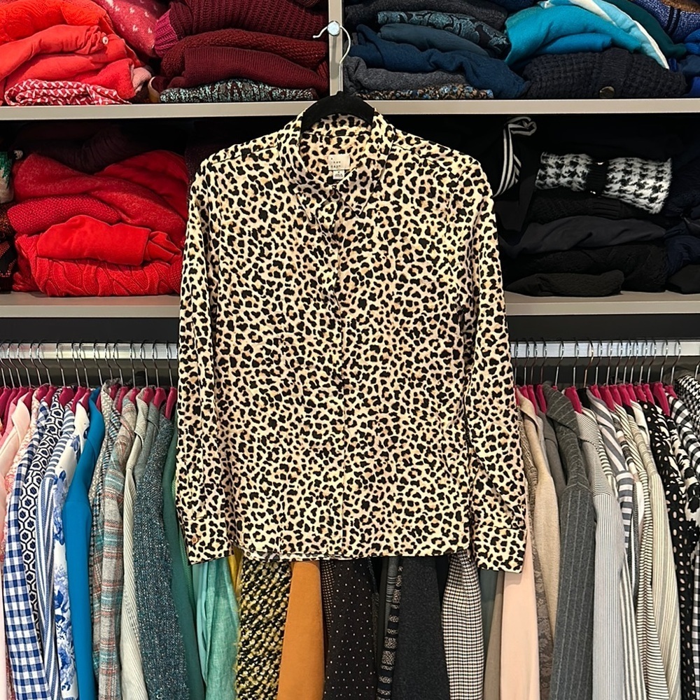 A New Day gold/black leopard print satin like long sleeve button down top size S